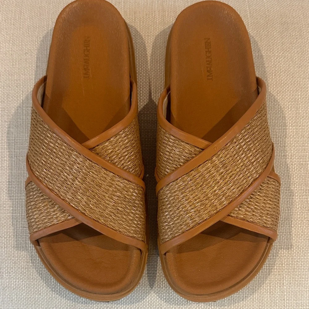 J. McLaughlin Brown Raffia Crisscross Slide Sandals
